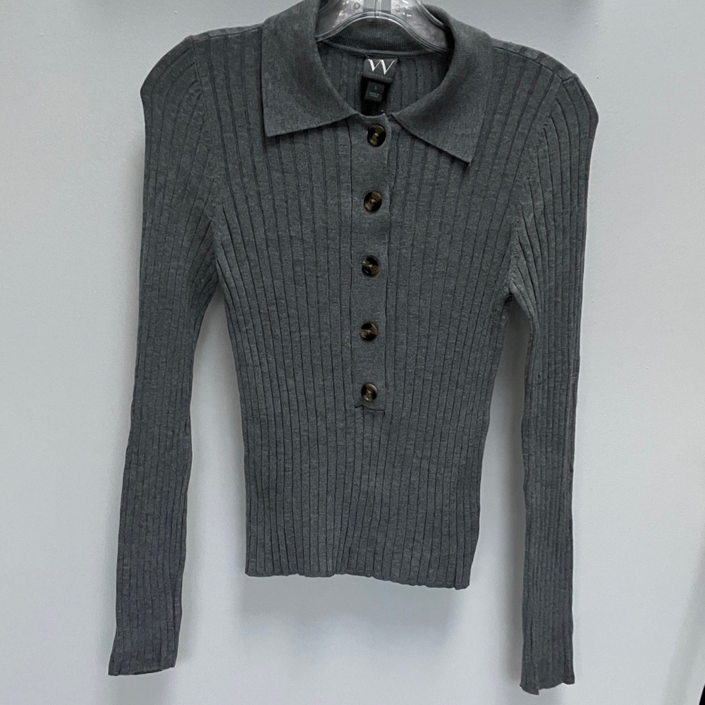 Gray Ribbed Long Sleeve Collared Sweater
